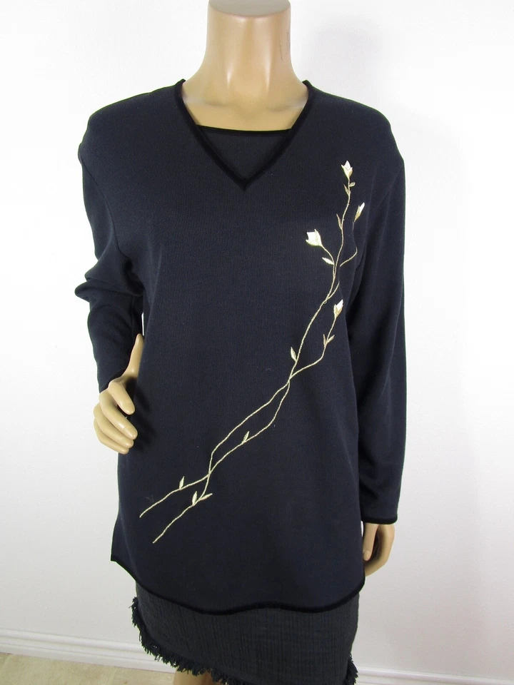 Teddi Black Long Sleeve Top Size S Embroidered Floral Gold White Velvet Trim - Image 1 of 4