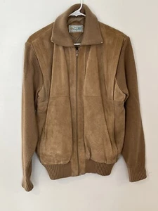 Gino Paoli Tan Suede Leather Jacke Men's L Full Zip Knit Vintage - Picture 1 of 10
