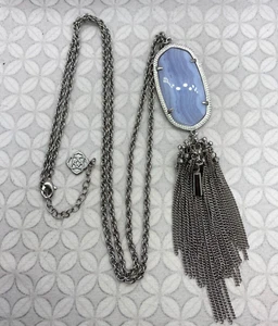 Kendra Scott Rayne Tassel Necklace Blue Lace Agate Silver Tone - Picture 1 of 12