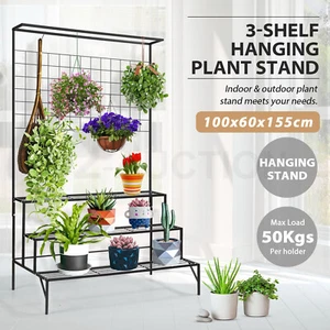 3 Tiers Plant Stand Metal Hanging Pots Flower Shelf Outdoor Indoor Holder Black - Picture 1 of 11