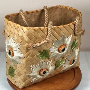 Vintage Floral Straw Tote Purse Bag Woven Embroidered Wicker Raffia 1970s
