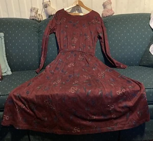 Lands End Vtg L 14-16 Dress Long Sleeve Modest Elastic Waist Cotton Wine Floral - Picture 1 of 24