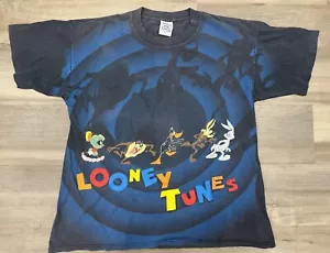Vintage Looney Tunes Shirt Men XL Black Blue Tee All Over Print 90s Faded AOP * - Picture 1 of 6