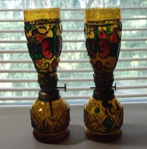 Vintage 2 Small Faux Stained Glass Hurricane/Oil Lamps Hong Kong 8.5" - Picture 1 of 6