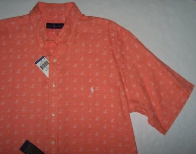 Camisa polo masculina nova com etiquetas Ralph Lauren laranja FARÓIS/PÁSSAROS LINHO EXTRAGRANDE BRANCA pônei - Imagem 1 de 3