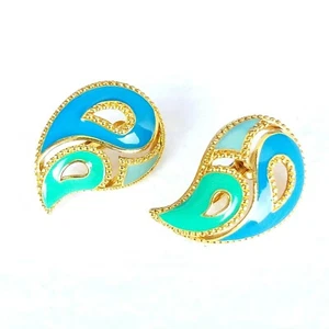 Avon Paisley Earrings Clip On Blue Green Gold Tone Metal Enamel - Picture 1 of 12