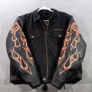 Harley Davidson Jacket Men Extra Large Black Denim Leather Skull Flames Full Zip - Picture 1 of 23