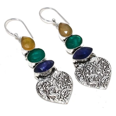 Blu Finto, Giada Verde 925 Argento Sterling Gioielli Orecchino 6.5cm - Immagine 1 di 4