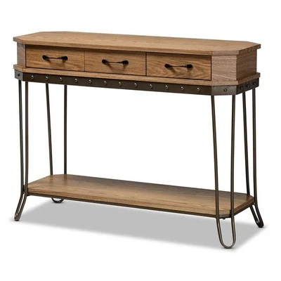 Baxton studio Brown Wood and Black Finished Metal 3-Drawer Console Table - Image 1 of 4