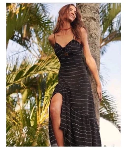 ViX Paula Hermanny New Black White Dot Bow Ruffle Tiered Hem Maxi Dress, Size XS - Picture 1 of 14