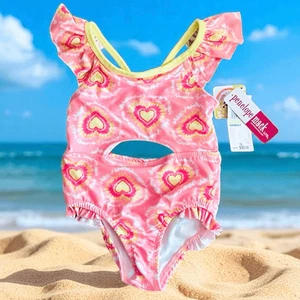 NWT Penelope Mack Sz 4 Girl's Kid Pink & Yellow Heart Tie-Dye One Piece Swimsuit - Picture 1 of 16