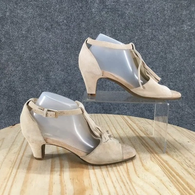 Aerosoles Sandal Women 6M Beige Wingback Fringe Peep Toe Ankle Strap Heels Suede - Image 1 of 4