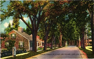 Cartolina d'epoca in lino tipica strada Cape Cod Village Massachusetts - Foto 1 di 2