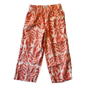 Pantalone Rachel Zoe gamba larga ritagliato 100% lino L corallo arancione foglie floreali donna - Foto 1 di 7