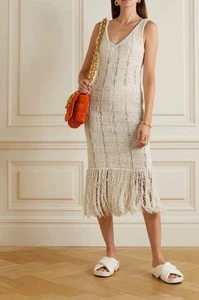 REMAIN BIRGER CHRISTENSEN Rotate Cotton Rafia Knit Dress Summer Gown Fringe L XL - Picture 1 of 13
