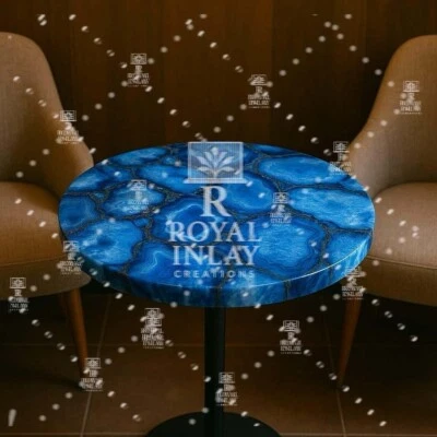 Mesa de jantar redonda de pedra ágata azul 18" |Topo de fatia de cristal natural |Mesa central - Imagem 1 de 4
