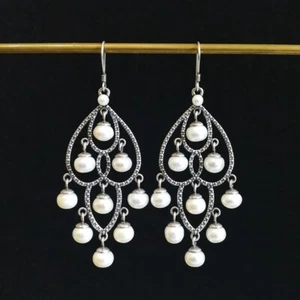 Textured Sterling Silver Freshwater Pearl Large Waterfall Chandelier Earrings - Picture 1 of 8