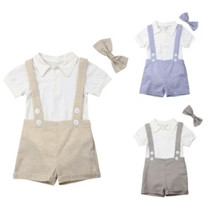 Baby Boy Bowtie Shirt Suspender Shorts One-Piece Wedding Party Formal Suits - Picture 1 of 15