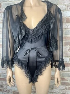 VTG ESCANTE Chantilly Lace High cut Teddy Bodysuit Nylon BED JACKET Ruffles SZ M - Picture 1 of 12