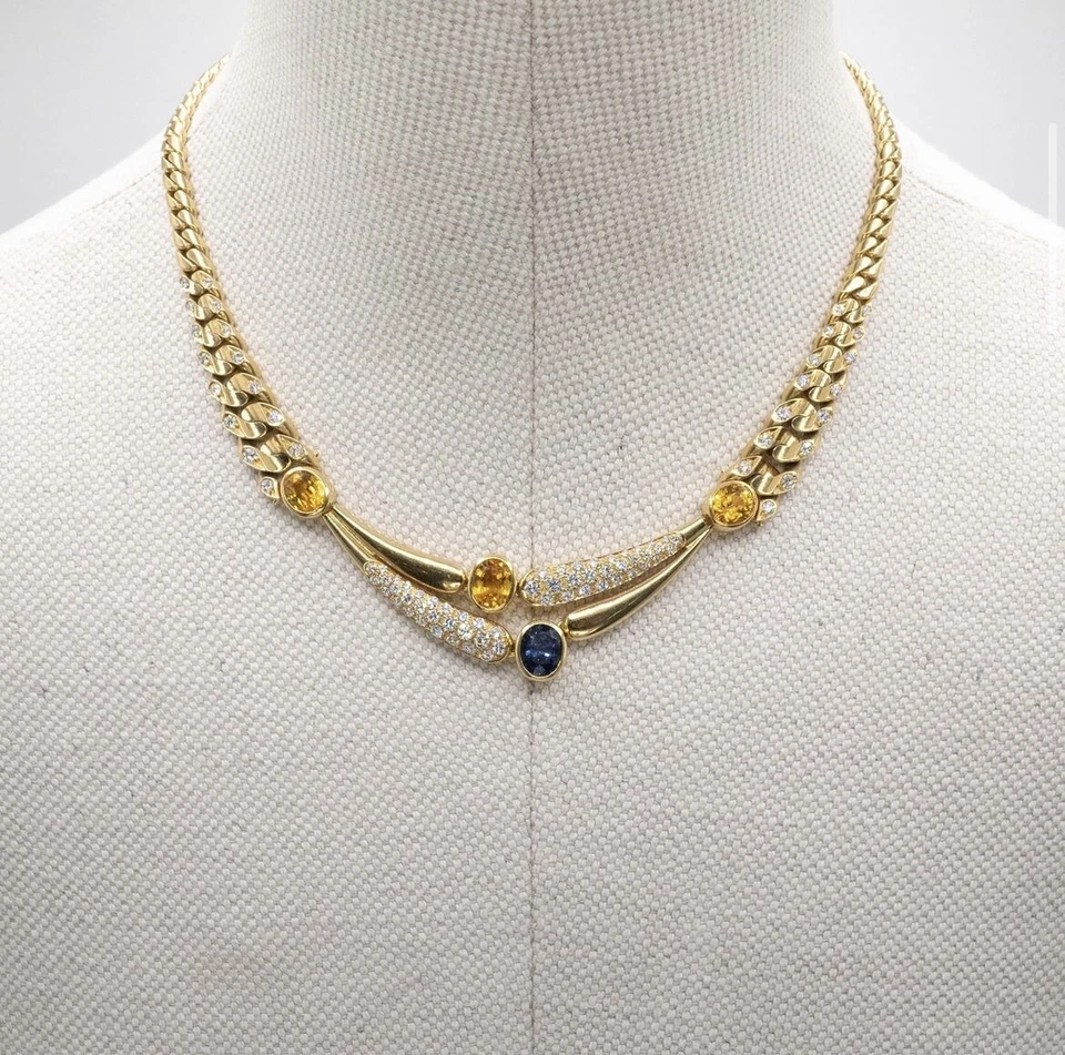 BVLGARI Италии 18k YG, бриллиант, синий и желтый сапфир обочины ссылка ожерелье 1970-х - Изображение 1 из 4