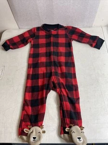 Carter's 9 Mo. Christmas Buffalo Plaid Red Black Fleece One Piece Footed PJs Zip - Picture 1 of 9