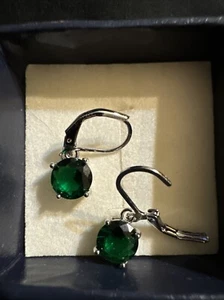 Silver Plated Helmet-Friendly Leverback Dangle Green CZ Crystal Earrings - Picture 1 of 4