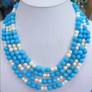 4 STRANDS 6MM BLUE TURQUOISE GEMSTONE &6-7MM WHITE PEARL BEADED NECKLACE 17-20'' - Picture 1 of 5
