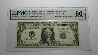 $1 1988 Repeater Serial Number Federal Reserve Currency Bank Note Bill PMG UNC66 - Image 1 of 3