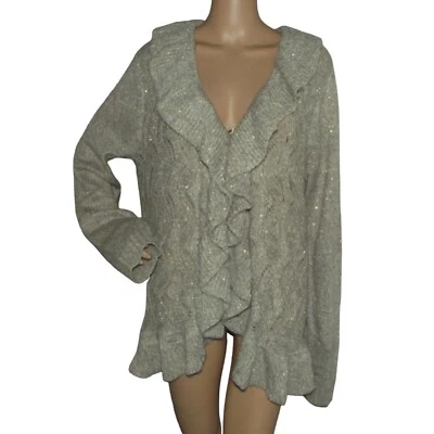 Cárdigan Suéter XL Avena Beige Dorado Metálico Largo Abierto Frontal Volantes Covington Foto 1 de 4