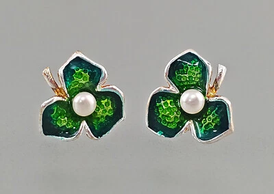 9923461 Ohrstecker 925er Silber Emaille Blüte grün Perle  D1,5cm vintage - Bild 1 von 2