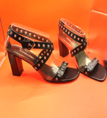 Sam & Libby BLACK Leather Upper 4" Heel SANDAL size 9.5M Grommet Buckle & Detail - Image 1 of 4
