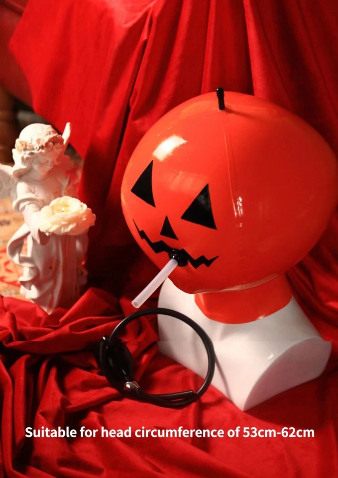 Máscara de goma con capucha cabeza de calabaza de látex aireado experiencia asfixia fetiche juegos con disfraces Foto 1 de 4