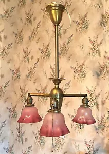 THREE-ARMED BRASS HANGING LAMP / LIGHT/ CHANDELIER w/ CRANBERRY CHERUB SHADES - Picture 1 of 9