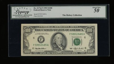 DBR 1993 $100 FRN Atlanta Fr. 2174-F Legacy AU-50 Serial F59913485A - Image 1 of 2