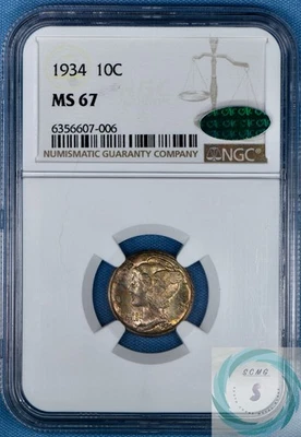 1934 Mercury Dime NGC MS 67 w/CAC Endorsement - Rainbow & Sunset Orange Tones! - Image 1 of 4