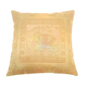 16x16 Inch Peach Cushion Cover Elephant Woven Zari Brocade Banarasi Silk Decor - Picture 1 of 7