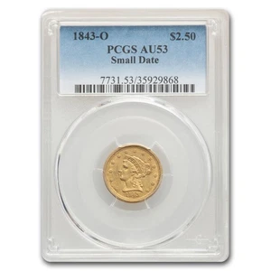 Cuarto de águila Liberty Gold 1843-O $2,50 AU-53 PCGS (fecha pequeña) - Imagen 1 de 3