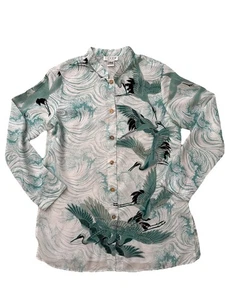 Blusa túnica CITRON abotonada verde manga larga cuello mandarín diseño grúa M - Imagen 1 de 12