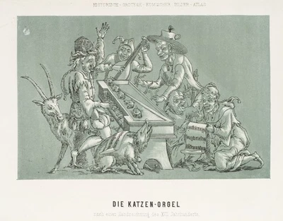 Die Katzenorgel, Federlithographie Romantik Genre 1850-1899 Unbekannt (19.Jhd) - Bild 1 von 4