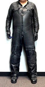 Protech Leather Apparel Black Biker Snow Bib Overall Leather Pants XL - Picture 1 of 8