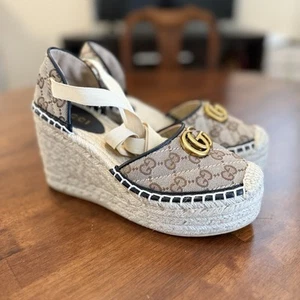 GUCCI Pilar GG Ankle Tie Espadrille Platform Wedge Size 39 / US 9 Beige/Brown - Picture 1 of 10