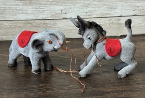 Vintage Gray Elephant & Donkey Flocked Ornaments Western Germany Political - Picture 1 of 18