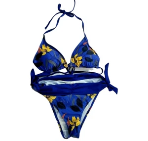 Blumenmuster Bikini Badeanzug Größe Large seitlich gebunden Unterteil Triangel Oberteil UPF 50+ - Bild 1 von 11