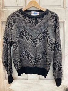 Vintage Chartwell Herren 80er Jahre geometrischer Lederborte abstrakt verrückter Strickpullover MED - Bild 1 von 8