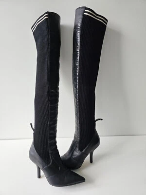 Fendi Rockoko Calcetín de Cuero Negro Tejido OTK Botas por encima de la rodilla 35 Foto 1 de 4