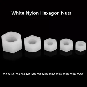 White Nylon Hexagon Nuts Hex Nuts M2 M2.5 M3 M4 M5 M6 M8 M10 M12 M14 M16 M18 M20 - Picture 1 of 7