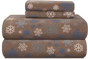 Pointehaven Heavy Weight Printed Flannel Sheet Set, Queen, Snow Flakes/Tan