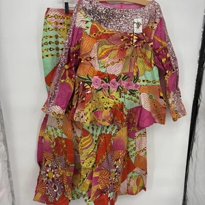 Embroidered Getzner Bazin Riche 2 Pc Dress Top Skirt Embellished Peplum Size XL - Picture 1 of 8