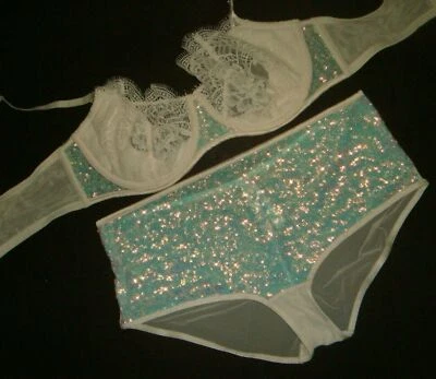 Victoria's Secret unlined 36D BRA SET M shortie panty WHITE Mesh blue sequined - Image 1 of 3