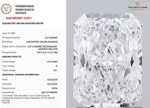 VS1, D Color 1.34 CT. CVD Lab Grown Radiant Cut Diamond IGI Certified Of 1 Piece - Picture 1 of 9